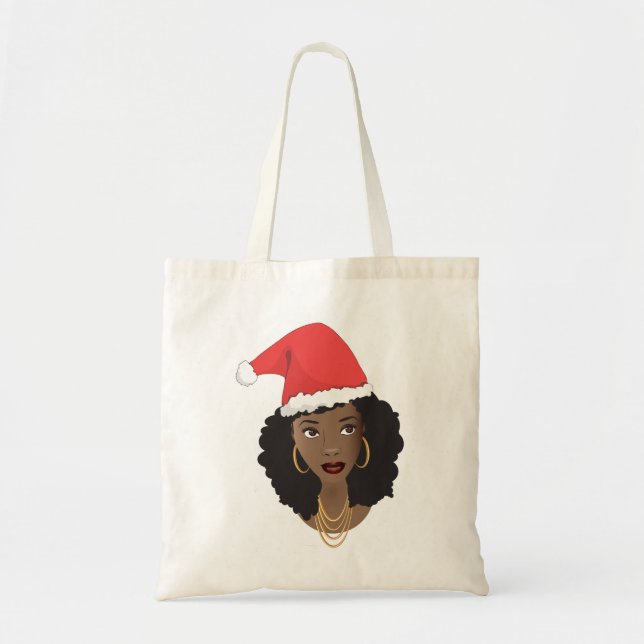 Bolsa Tote Natal Santa Hat, Mulher Negra, Cabelo Natural (Frente)