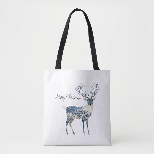 Bolsa Tote Natal Veado Azul Branco Nórdico (Frente)