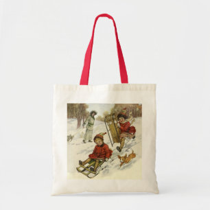 Bolsa Tote Natal vintage, crianças do Victorian que Sledding