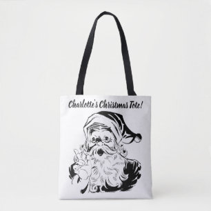 Bolsa Tote Natal Vintage, Jolly Santa Claus Retro preto