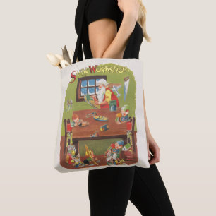 Bolsa Tote Natal Vintage Papai Noel com Elfos na Oficina