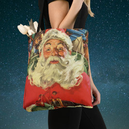 Bolsa Tote Natal vintage Papai Noel em Sleigh com Brinquedos
