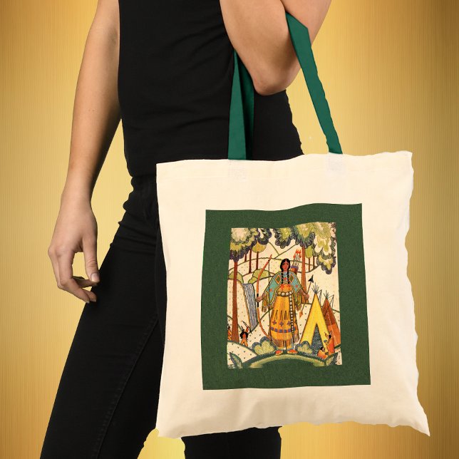 Bolsa Tote Native American Maiden Bag (Native American women bow arrow teepees under trees with en embroidery look on green tote bag.)