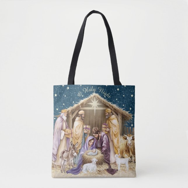 Bolsa Tote Natividade de Natal em Aquarela (Frente)