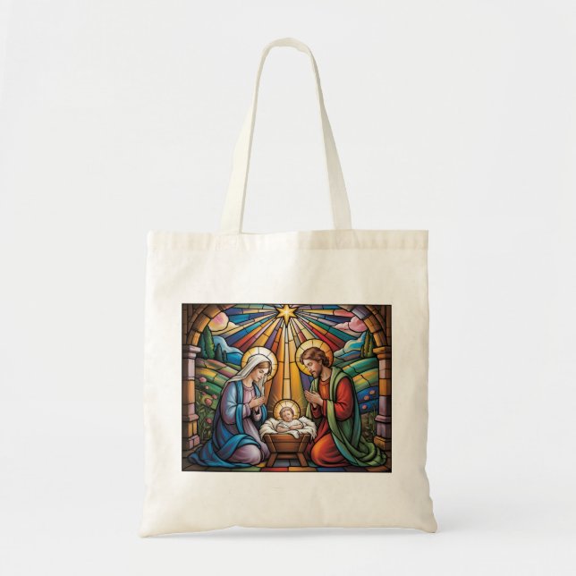 Bolsa Tote Nativity Stained Glass Art – Holy Family Christmas (Frente)