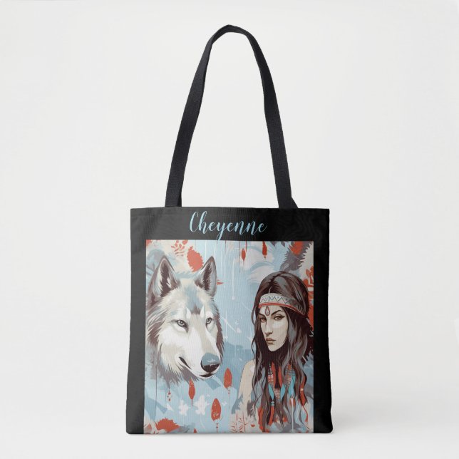 Bolsa Tote Nativo Americano - Princesa Indiana e Lobo (Frente)