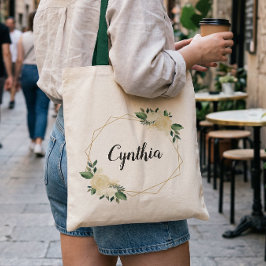 Bolsa Tote Nature Verde Marfim Dourado Floral Aquarela