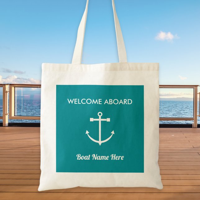 Bolsa Tote Náutica Anchor Navegando Turquesa Bem-vinda a bord (A nautical tote bag with 'Welcome Aboard' greeting, anchor picture, and custom text to personalize)