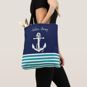 Bolsa Tote Náutica branca, veleiro/ancoradouro/marinho/azul a