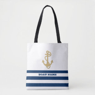 Bolsa Tote Náutico, Âncora Dourada Azul Marinho Listras Bran