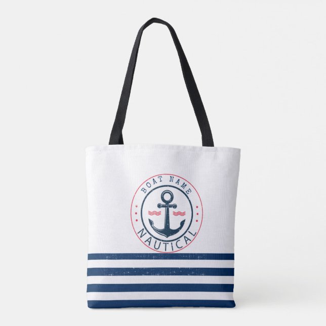 Bolsa Tote Náutico, Nome do Barco, Âncora Listras Azul-Marinh (Verso)