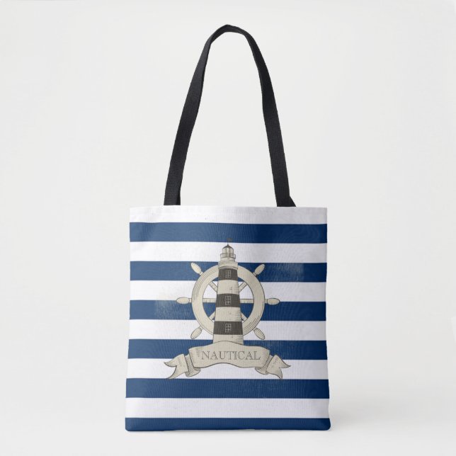 Bolsa Tote Náutico, Roda de Barco, Listras Azuis e Brancas (Frente)