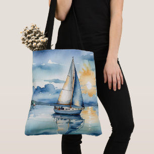 Bolsa Tote Nave-vela com aquarela em lago ao sol