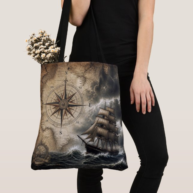 Bolsa Tote Navio de Vela Antigo com Rosa dos Ventos (Close Up)