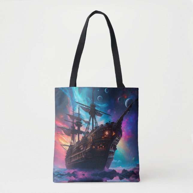 Bolsa Tote Navio Espacial Pirata Nebulosa e Luas (Frente)