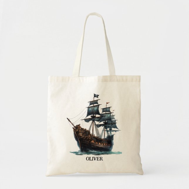 Bolsa Tote Navio Pirata de Cores Aquáticas (Frente)