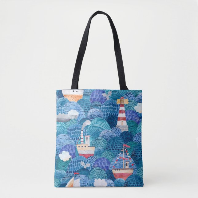 Bolsa Tote Navios e Faróis: Aquarela Infantil (Frente)