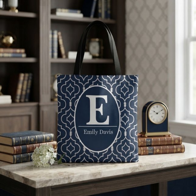 Bolsa Tote  Navy Blue Trellis Monogram Personalized Custom  (Criador carregado)