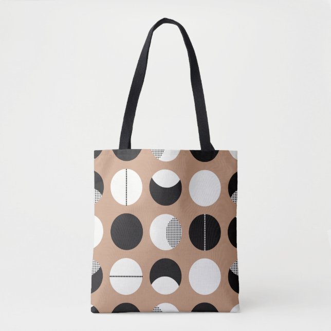 Bolsa Tote Negra, círculos brancos, fundo castanho. (Frente)