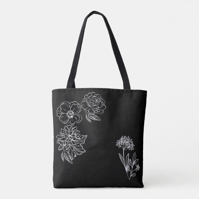 Bolsa Tote negra con flores blancas personalizable (Verso)