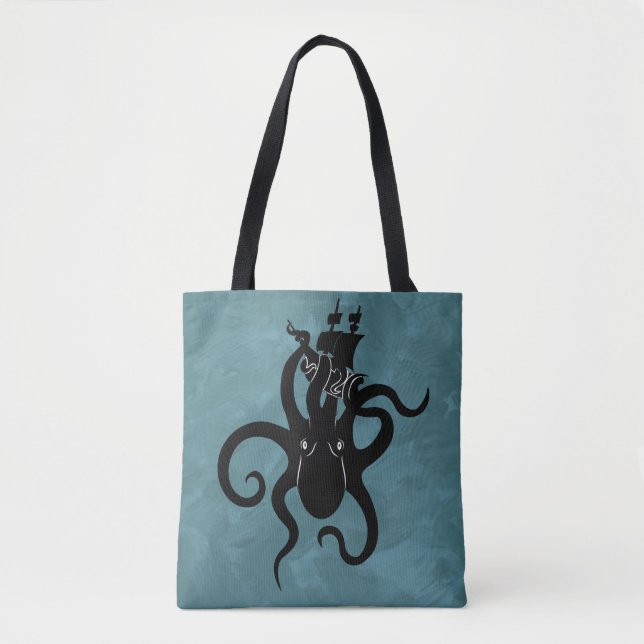 Bolsa Tote Negro escuro e Kraken azul do oceano profundo (Frente)