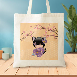 Bolsa Tote Neko Kokeshi Doll - Cat Ears Geisha Girl