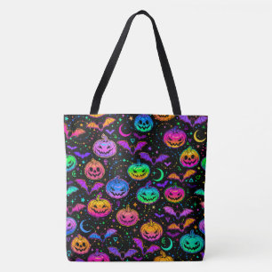 Bolsa Tote Neon Bats Pumpkins e Jack-o-Lanterns