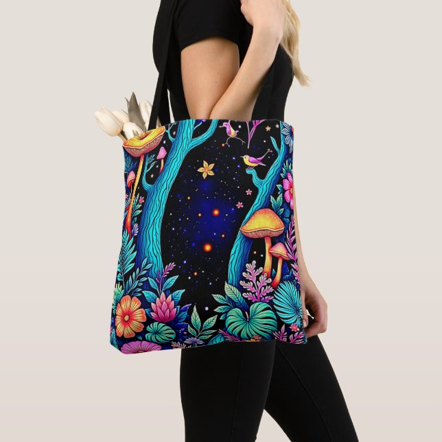 Bolsa Tote Neon Fantasy Forest Night Design (Close Up)