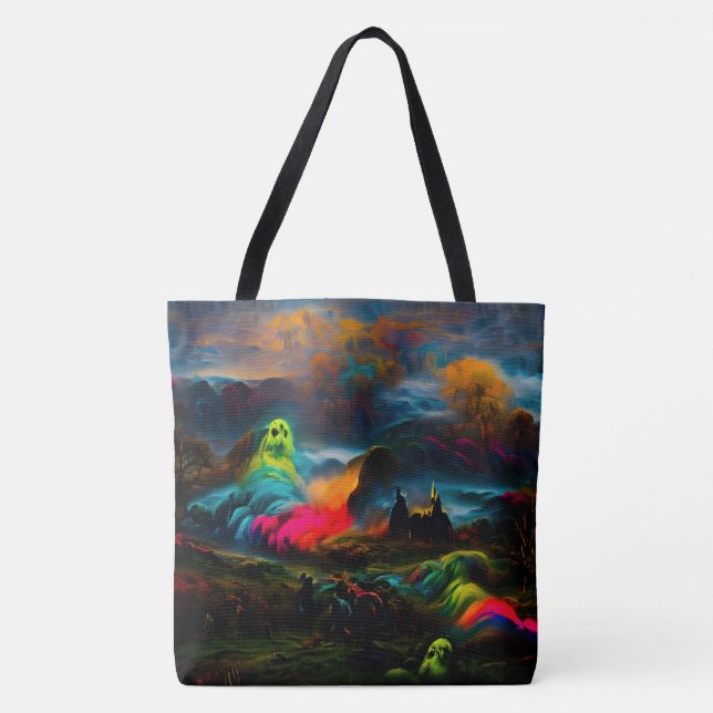 Bolsa Tote Neon Ghosts em uma paisagem fantasia assombrada (Frente)
