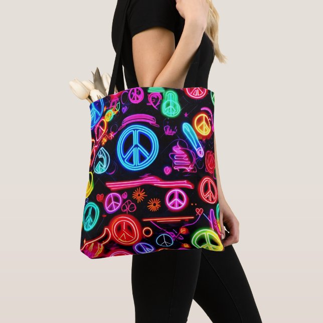 Bolsa Tote Neon Peace Symbol Padrões (Close Up)
