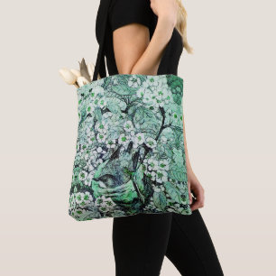 BOLSA TOTE NESTE DE PÁSSAROS ENTRE FLORES DE PRIMAVERA BRANCA