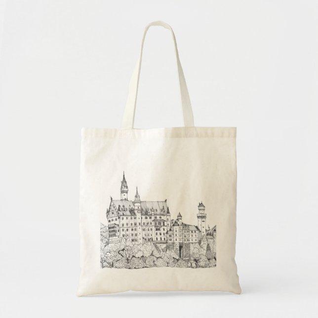 Bolsa Tote Neuschwanstein Castle Alemanha Fine Line Art (Frente)
