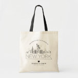 Bolsa Tote New York Wedding | Linha Skyline Estilizada<br><div class="desc">Um saco de tote de casamento único para um casamento que acontece na bela cidade/estado de Nova Iorque. Este bolsa apresenta uma ilustração estilizada do horizonte único da cidade com seu nome embaixo. Esta é seguida pelas informações do dia do casamento em um estilo aberto igual.</div>