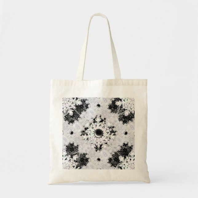 Bolsa Tote Nexo preto de rendas cerâmicas e floco de neve (Frente)