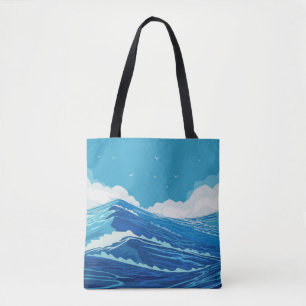 Bolsa Tote No oceano. Lindas ondas de mar grandes e azuis