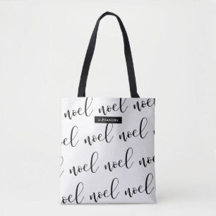 Bolsa Tote Nó Script de Natal preto e branco com nome