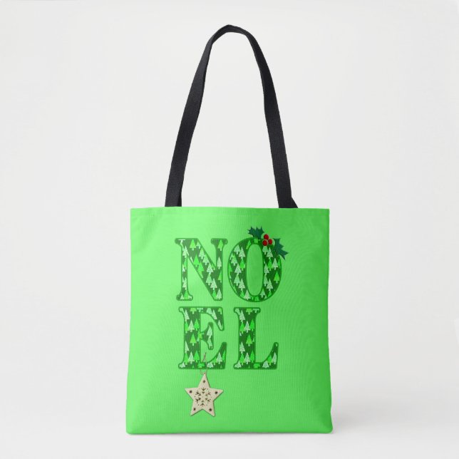 Bolsa Tote NOEL num padrão de árvore de Natal verde (Frente)