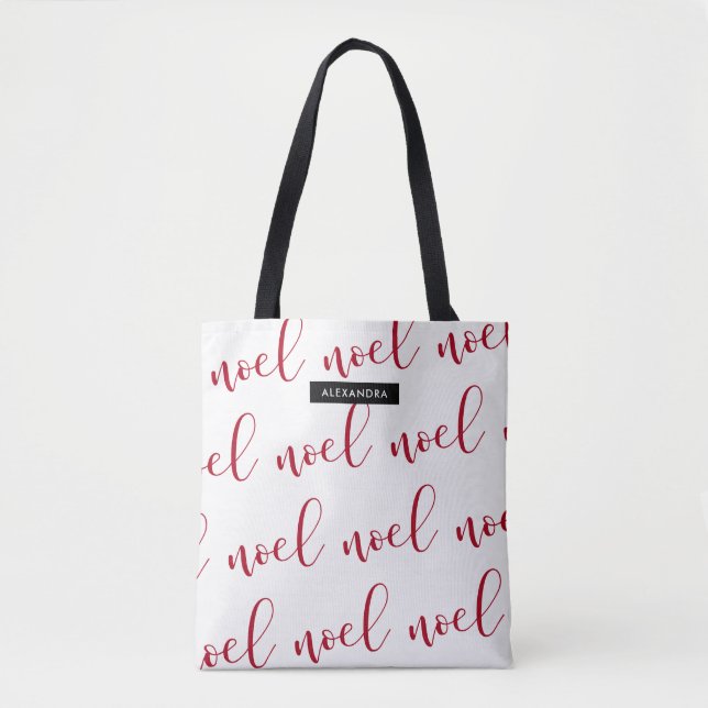 Bolsa Tote Noel | Script de Natal Vermelho e Branco com Nome (Frente)