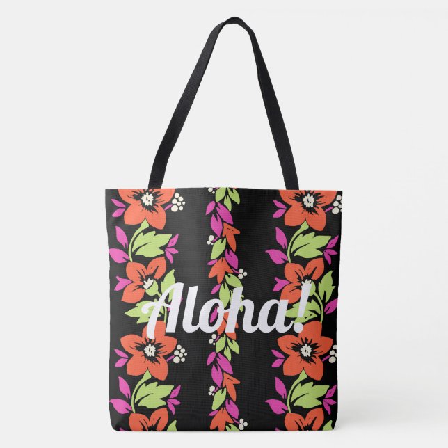 Bolsa Tote Noelani Lei Havaiana Floral Stripe Coral e Preto (Frente)