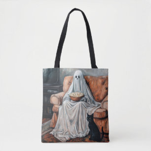 Bolsa Tote Noite de Filme Spooky Fantasma e Cat Assistindo