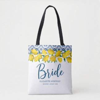 Bolsa Tote Noiva Azulejo azul italiano Lemon Boho Wedding