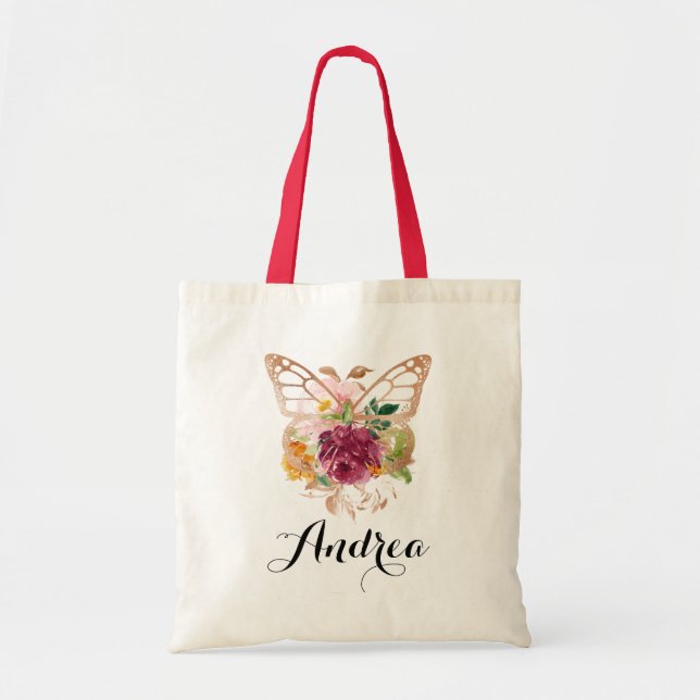 Bolsa Tote Noiva Boho Aquarela Borboleta e Flores (Frente)
