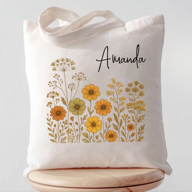 Bolsa Tote Noiva | Boho Buquê de Flores Silvestres para Damas (personalized bridesmaid tote bag gift, wedding party favor tote bag, custom teacher appreciation bag)
