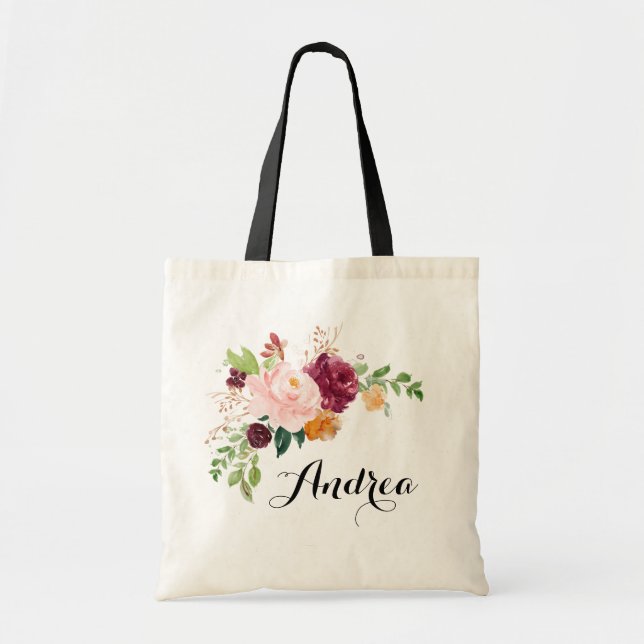 Bolsa Tote Noiva Boho Outono Aquarela Flores Borgonha Vestido (Frente)