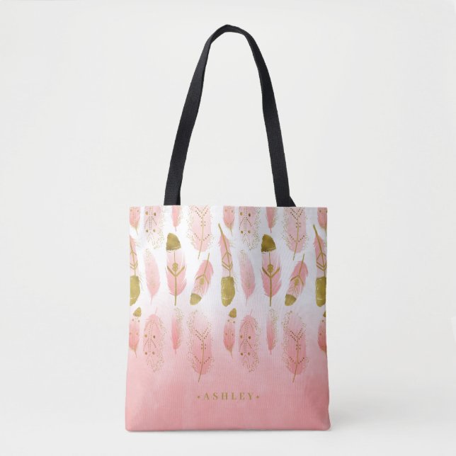 Bolsa Tote Noiva Boho Rosa e Penas Douradas Sacola de Ombre (Frente)
