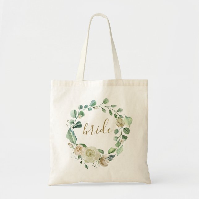 Bolsa Tote Noiva Casamento BeigeRose Aquarela Coroa Script (Frente)