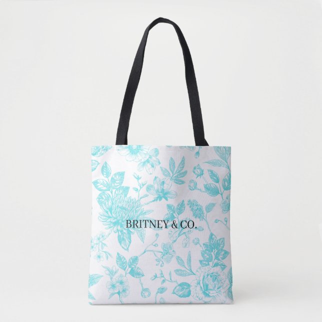 Bolsa Tote Noiva & Co. Toile Floral Teal Personalizada (Frente)