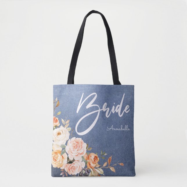 Bolsa Tote Noiva Cor de Rosa e Floral de Jean Falso Pêssego (Frente)