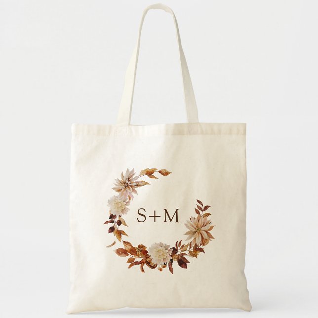 Bolsa Tote Noiva de Outono Monograma de Folhas de Grinalda de (Fall Bride Groom Monogram Leaves Wreath Wedding Tote Bag by Painted Paperie)