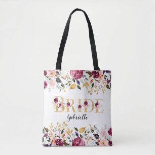 Bolsa Tote Noiva Dourado Borgonha Flores Rosadas Casamento